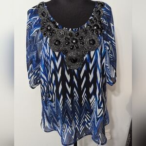 Ashley Stewart Shear Blue Women's Blouse with Beaded Neckline
